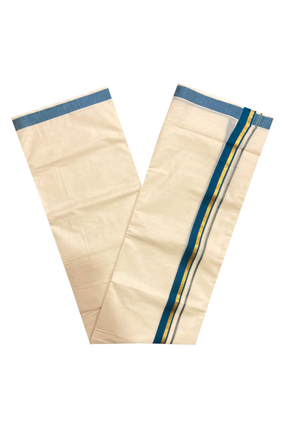 Pure Cotton Double Mundu with Teal Blue and Kasavu Border (South Indian Dhoti)