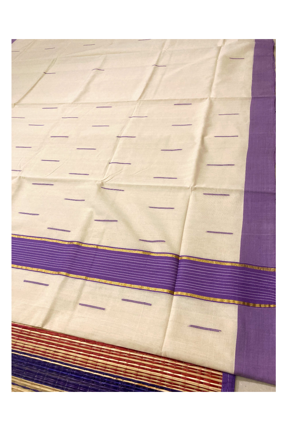 Southloom Premium Unakkupaavu Handloom Kerala Saree with Violet and Pure Kasavu Border and Butta Works on Body