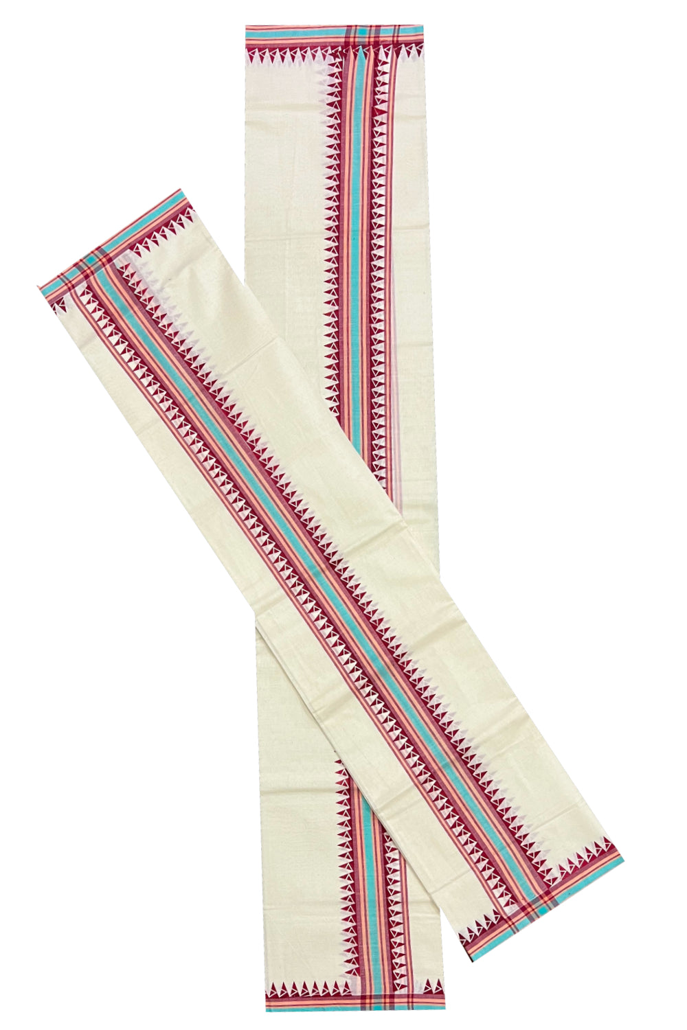 Kerala Cotton Mulloth Mundum Neriyathum Single (Set Mundu) with Dark Red Temple Block Prints and Turquoise Border (Extra Soft Cotton)