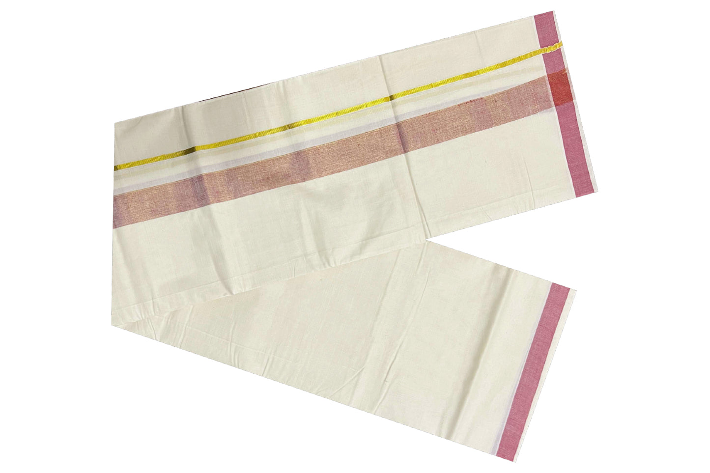 Off White Kerala Double Mundu with Dark Red and Kasavu Line Border (South Indian Dhoti)