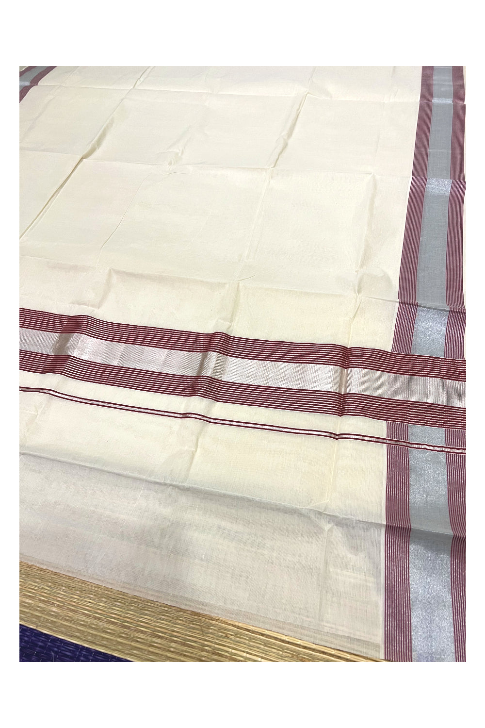 Pure Cotton Kerala Saree with Silver Kasavu and Maroon Line Border