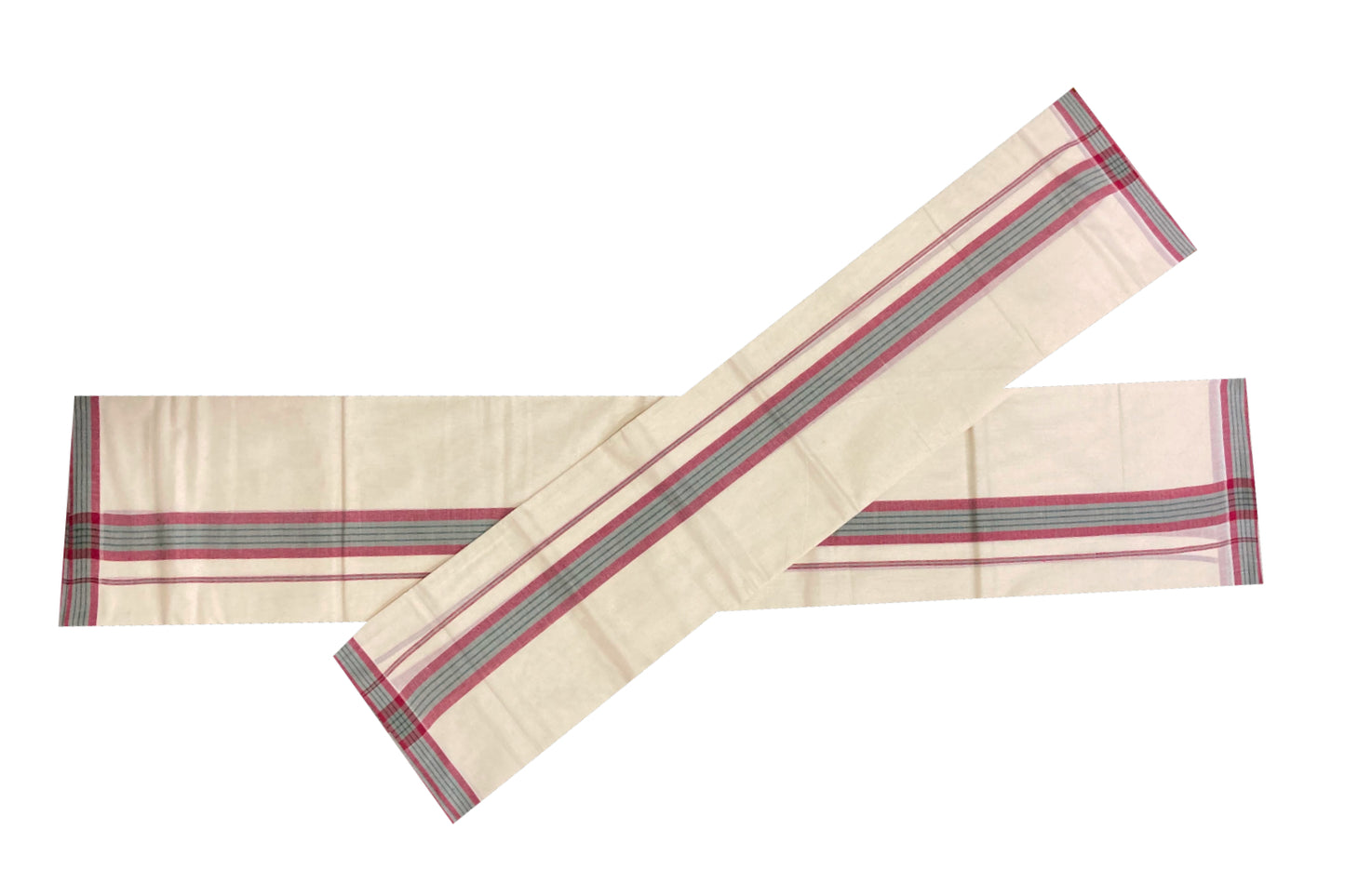 Kerala Cotton Mundum Neriyathum Single (Set Mundu) with Dark Red and Green Mulloth Border (Extra Soft Cotton)