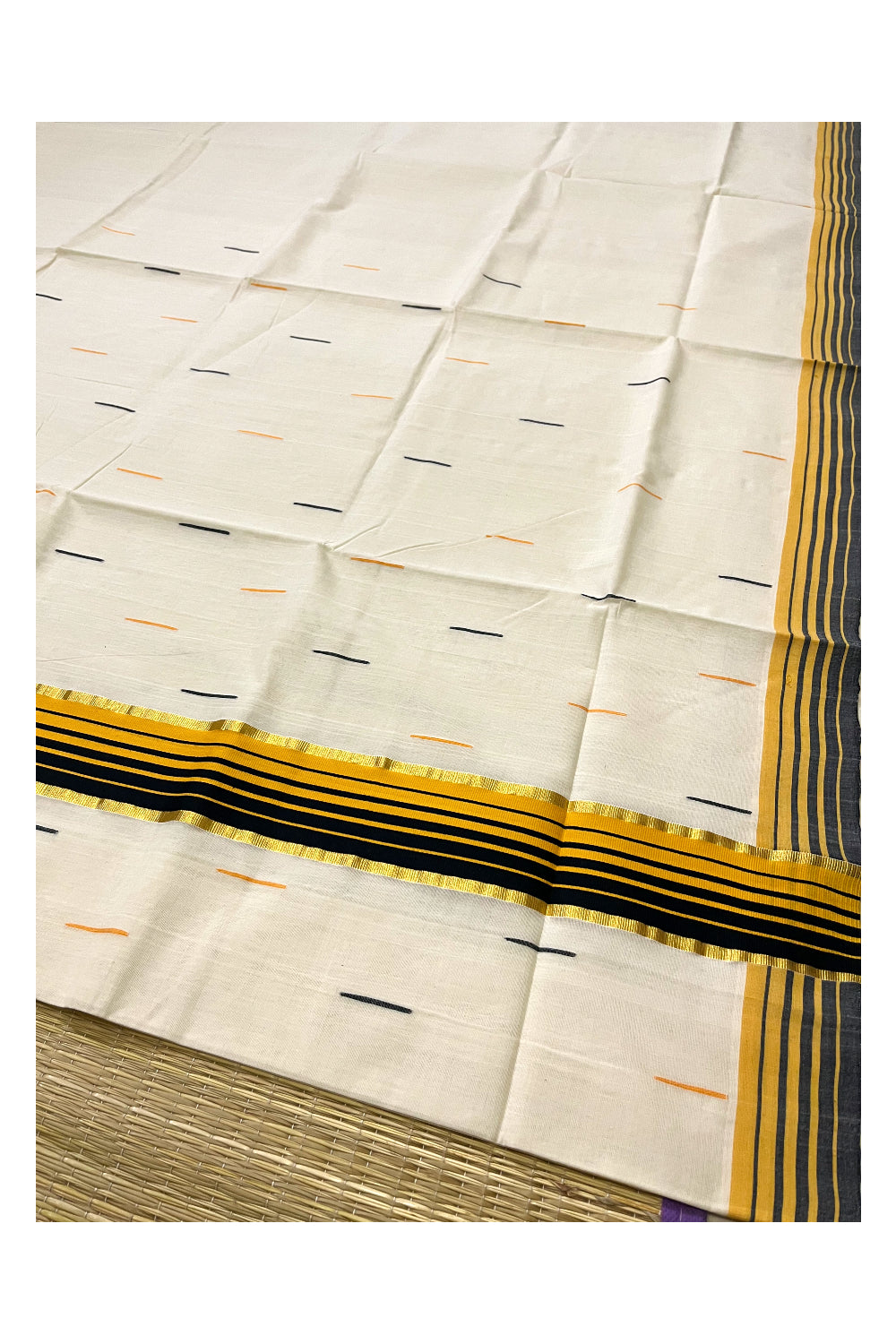 Southloom Premium Unakkupaavu Handloom Butta Works Kasavu Saree with Orange and Black Border