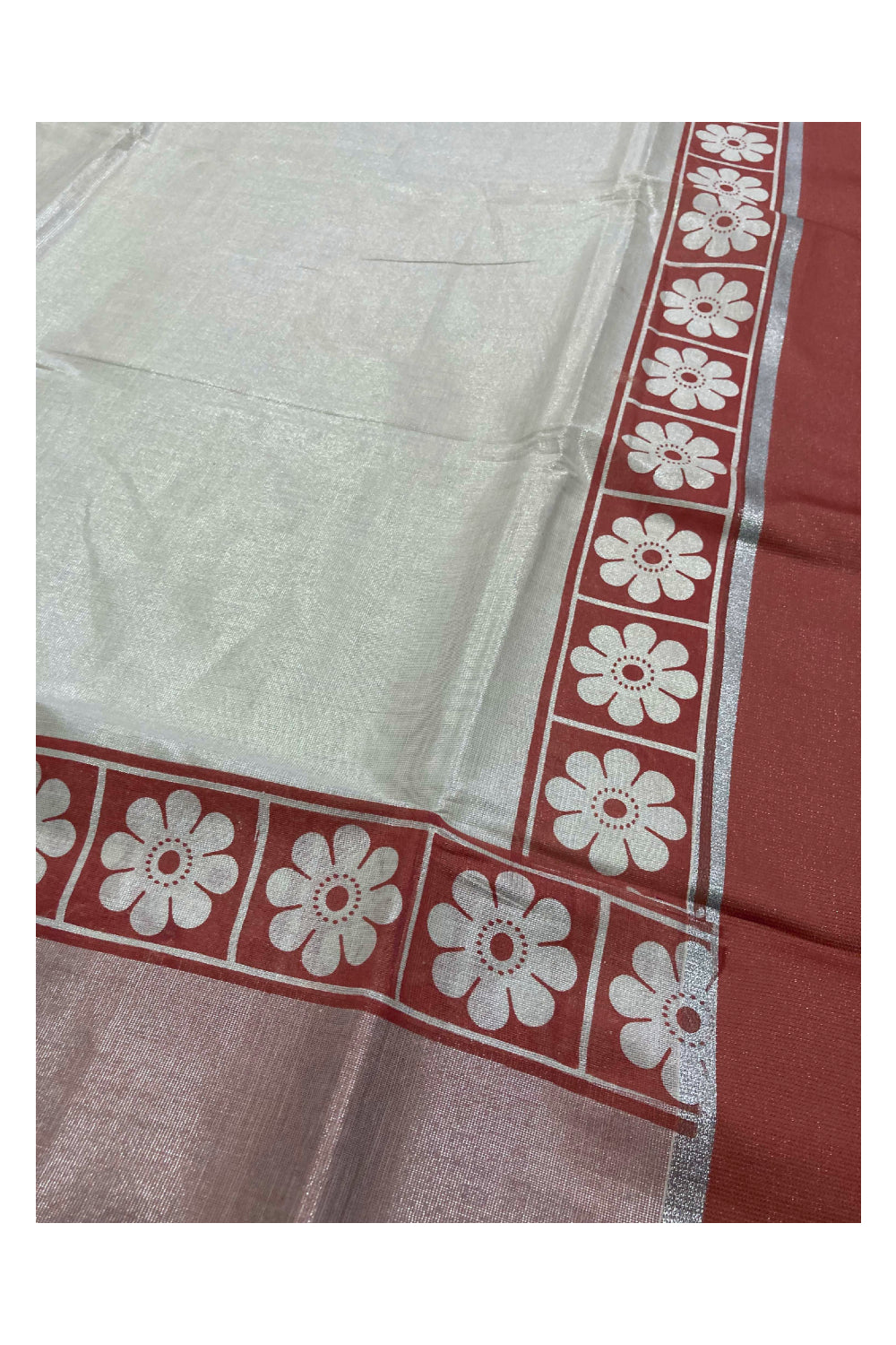Kerala Silver Tissue Kasavu Brick Red Floral Block Printed Saree