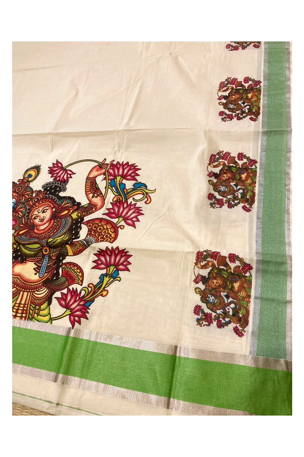 Pure Cotton Kerala Saree with Krishna Radha Mural Prints and Silver Green Border