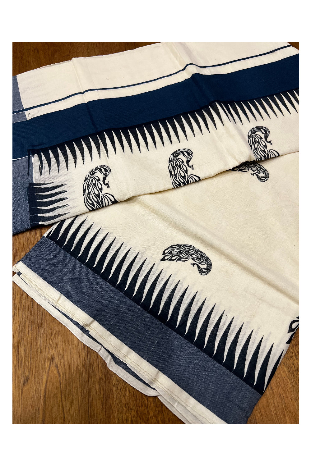 Southloom Kerala Cotton Saree with Teal Blue Kara and Block Prints