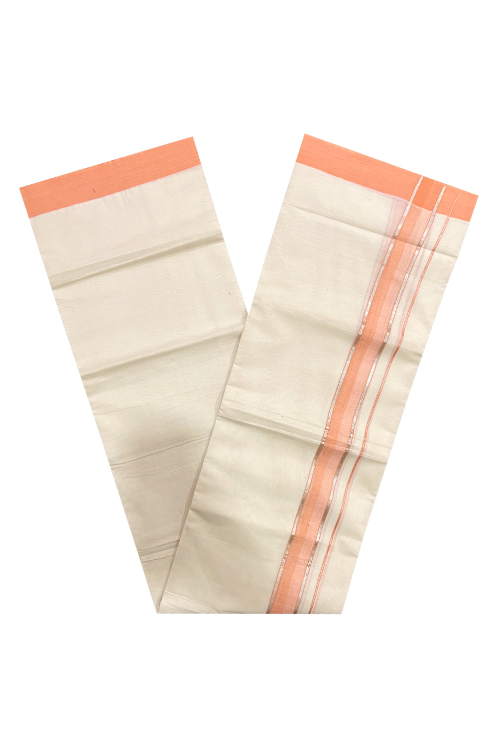 Pure Cotton Off White Double Mundu with Silver Kasavu and Peach Border (South Indian Dhoti)