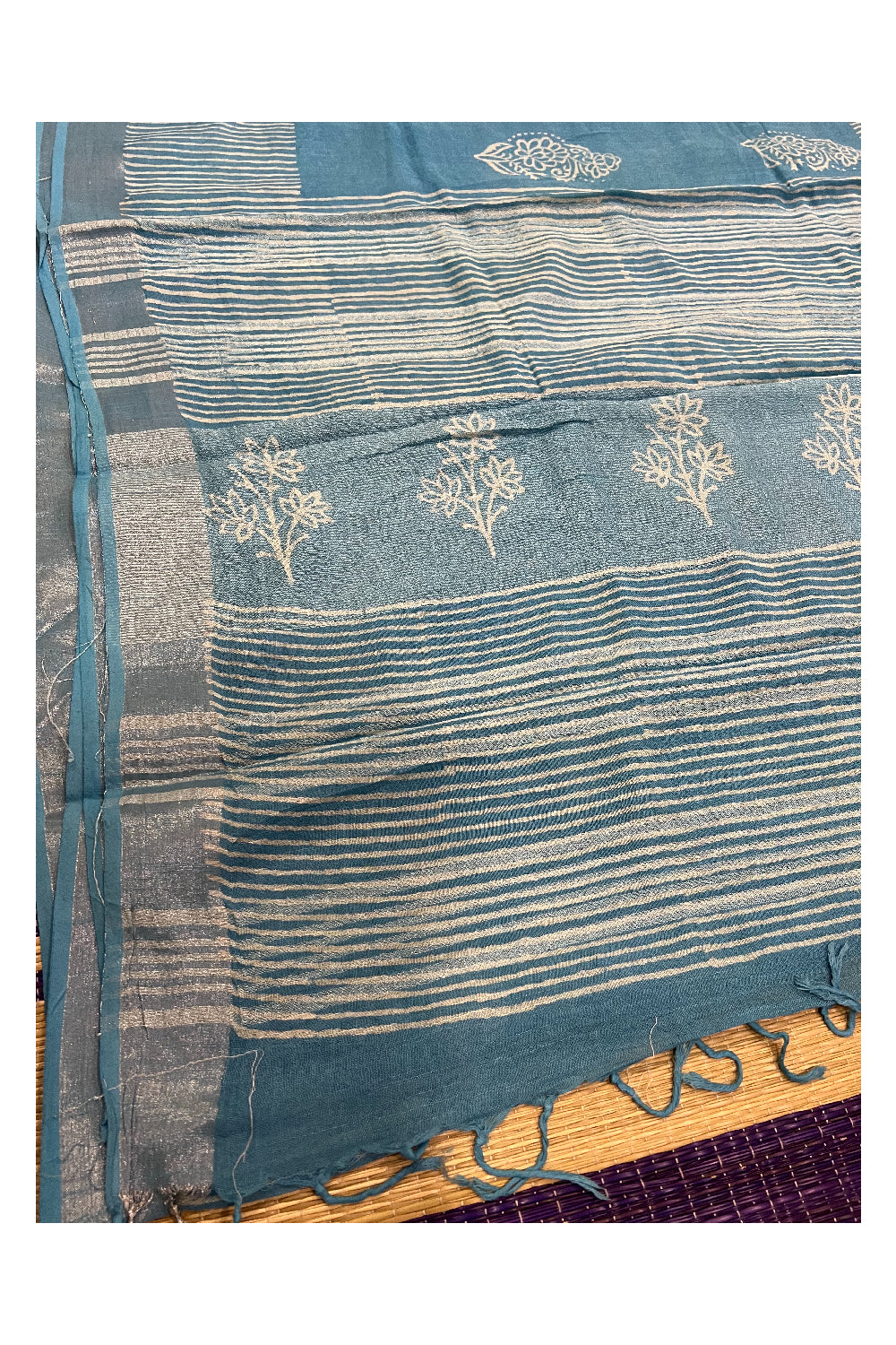 Southloom Linen Light Blue Designer Saree with White Prints and Tassels on Pallu