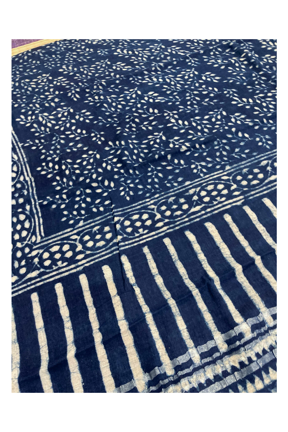 Southloom Linen Blue Designer Saree with White Leaves Patterns and Tassels