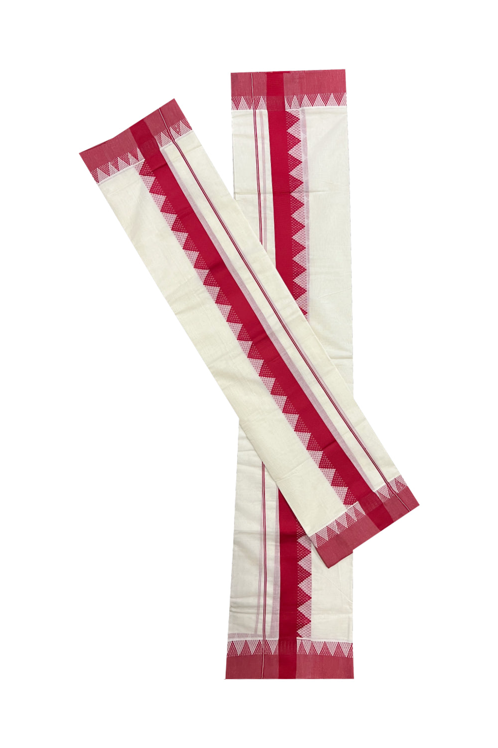 Kerala Cotton Mundum Neriyathum Single (Set Mundu) with Red Temple Woven Border