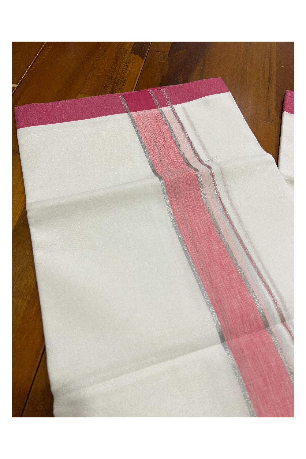 Pure White Kerala Cotton Double Mundu with Silver Kasavu and Pink Border (South Indian Kerala Dhoti)