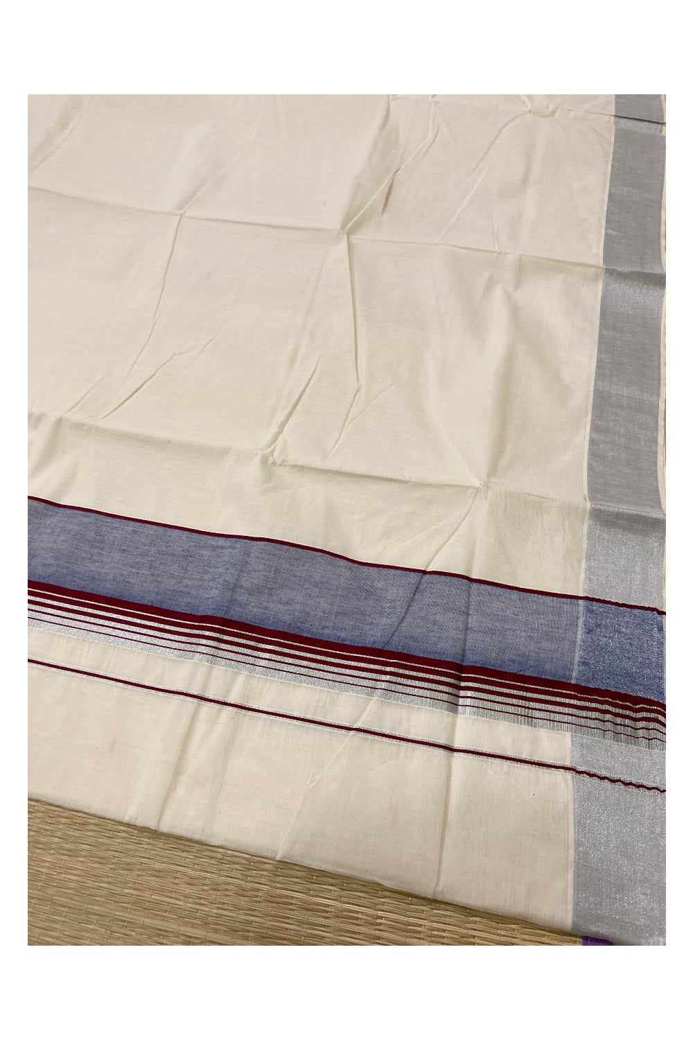 Pure Cotton Silver Kasavu Plain Saree with Maroon and Blue Border