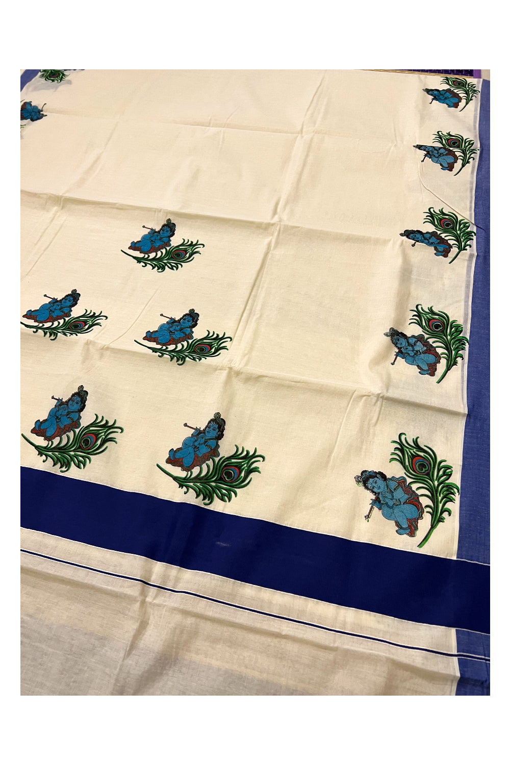 Kerala Pure Cotton Blue Border Saree with Baby Krishna Mural Printed Design