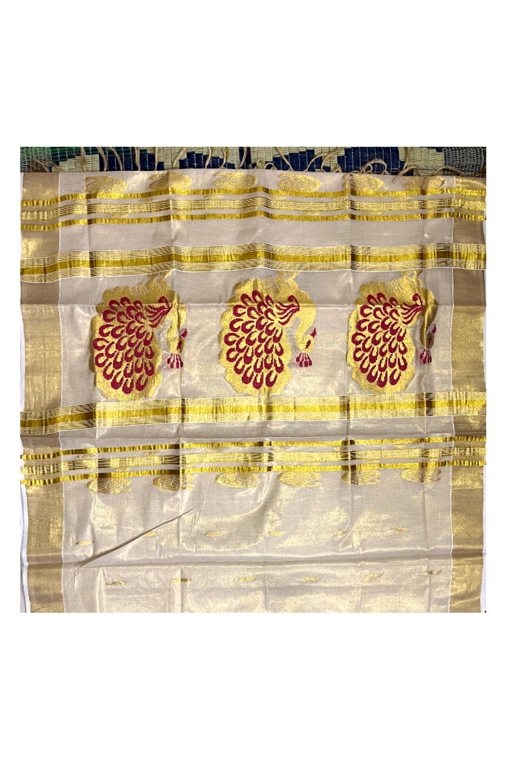 Kerala Tissue Kasavu Saree with Golden and Red Heavy Woven Works (Vishu Saree 2023)