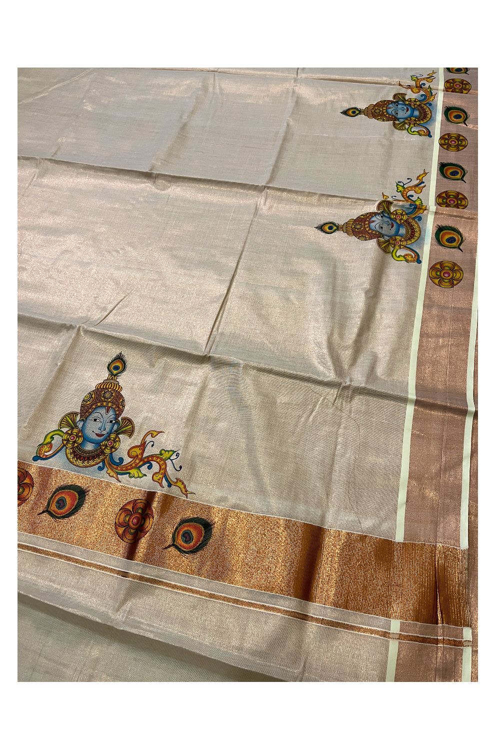 Kerala Copper Tissue Kasavu Saree With Mural Printed Krishna Design and Feather Prints on Border