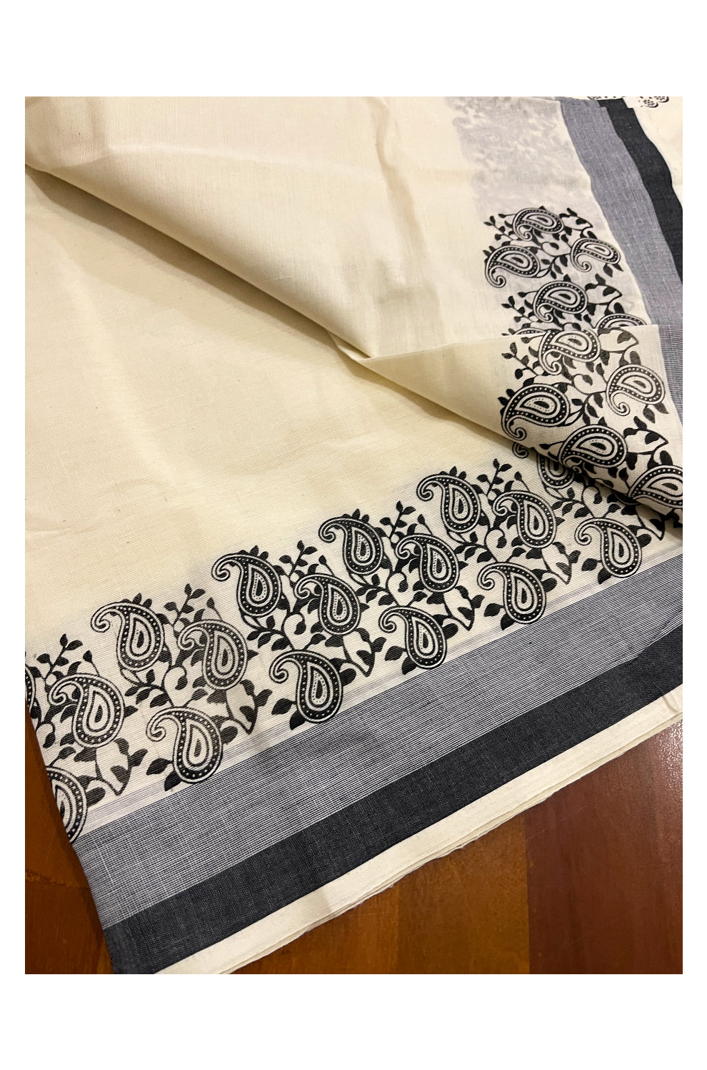 Pure Cotton Off White Kerala Saree with Black Paisley Block Prints on Border