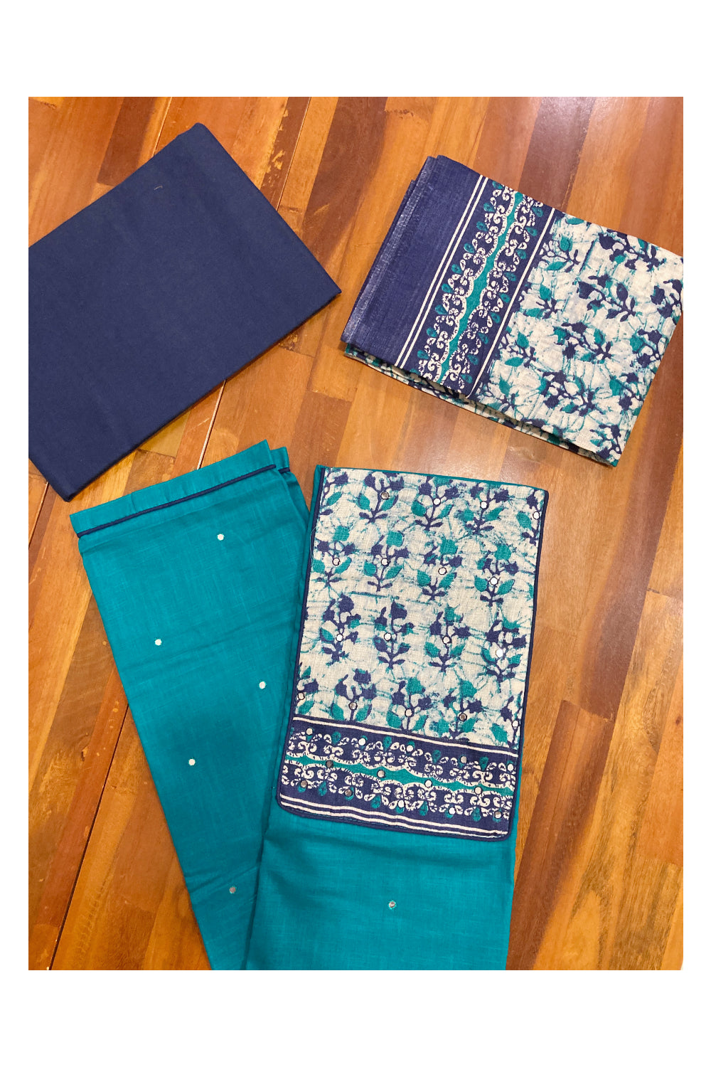 Southloom™ Cotton Churidar Salwar Suit Material in Teal Green and Printed Mirror Work on Yoke Portion