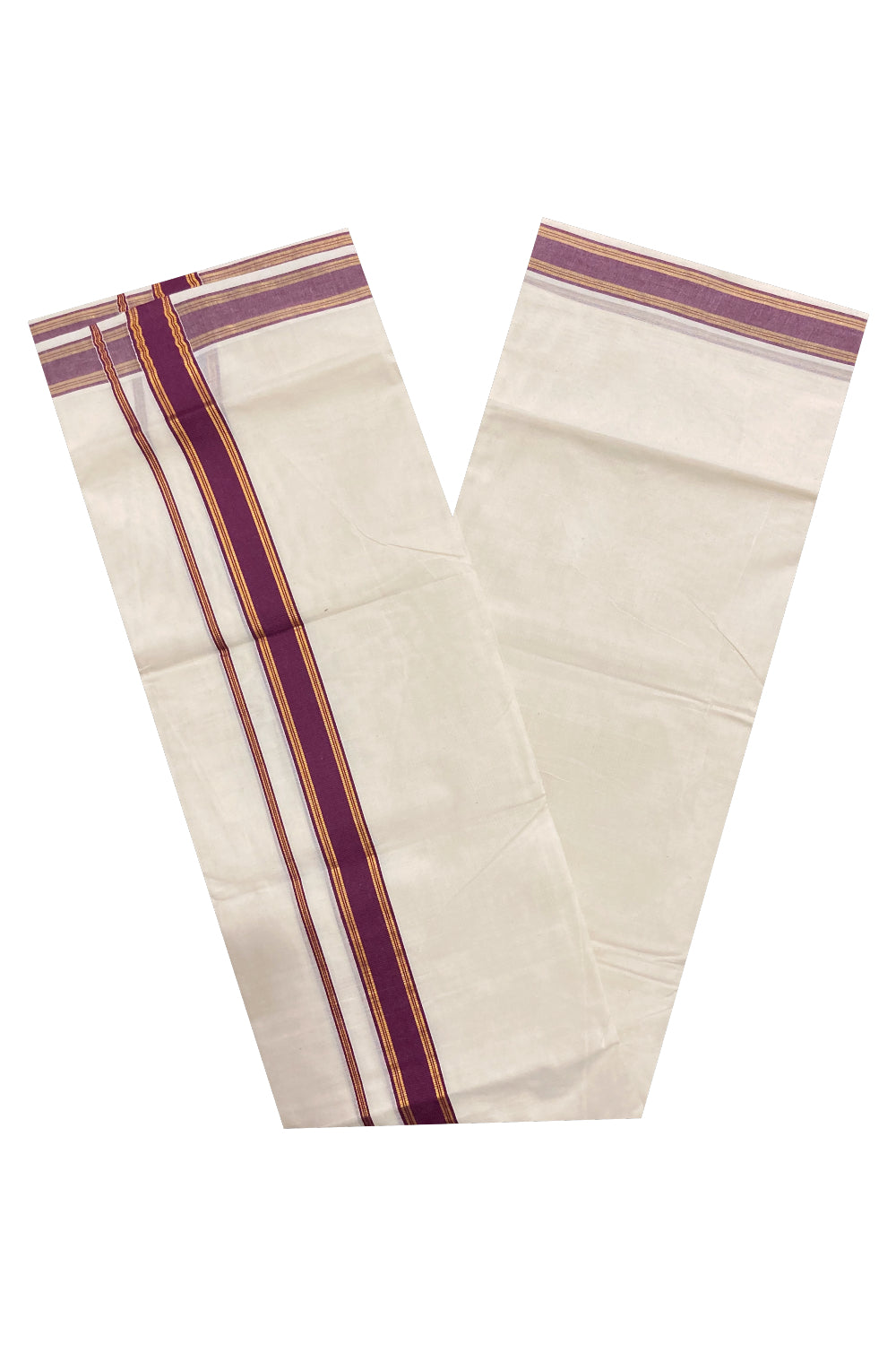 Off White Kerala Double Mundu with Kasavu and Deep Magenta Border (South Indian Dhoti)