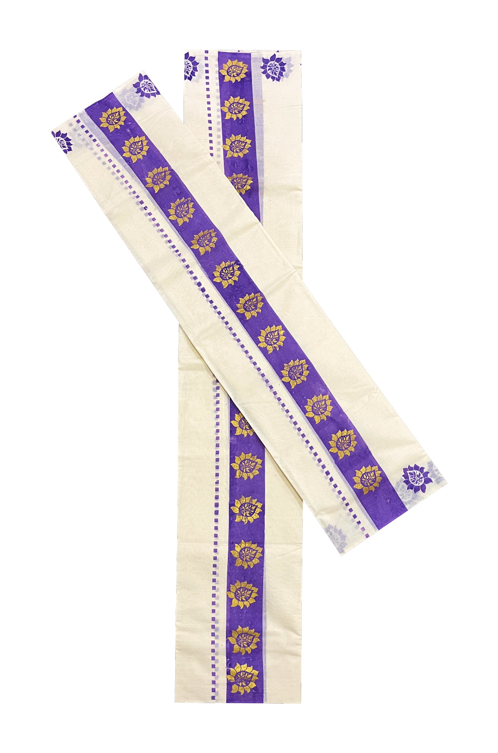 Kerala Cotton Set Mundu (Mundum Neriyathum) with Golden Floral Block Prints on Violet Border 2.80 Mtrs