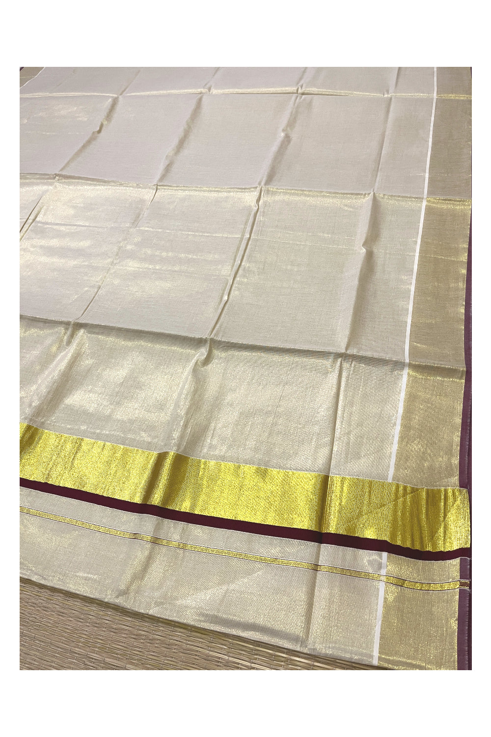 Kerala Kasavu Tissue Saree with Maroon Narrow Border