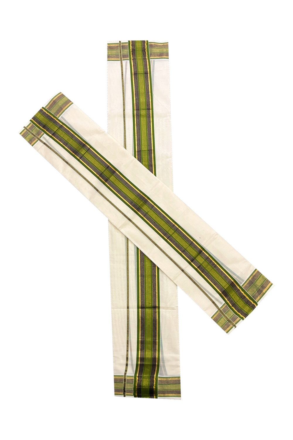 Pure Cotton Mundum Neriyathum Single (Set Mundu) with Kasavu Black and Green Border