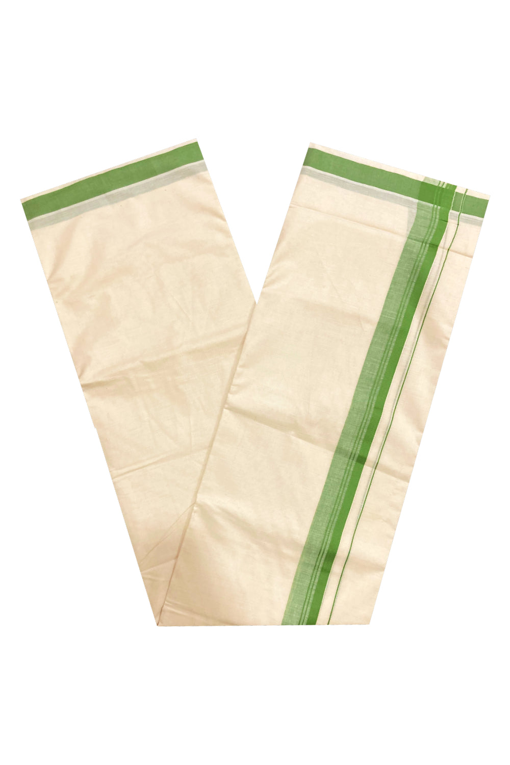 Off White Pure Cotton Double Mundu with Green Border (South Indian Dhoti)