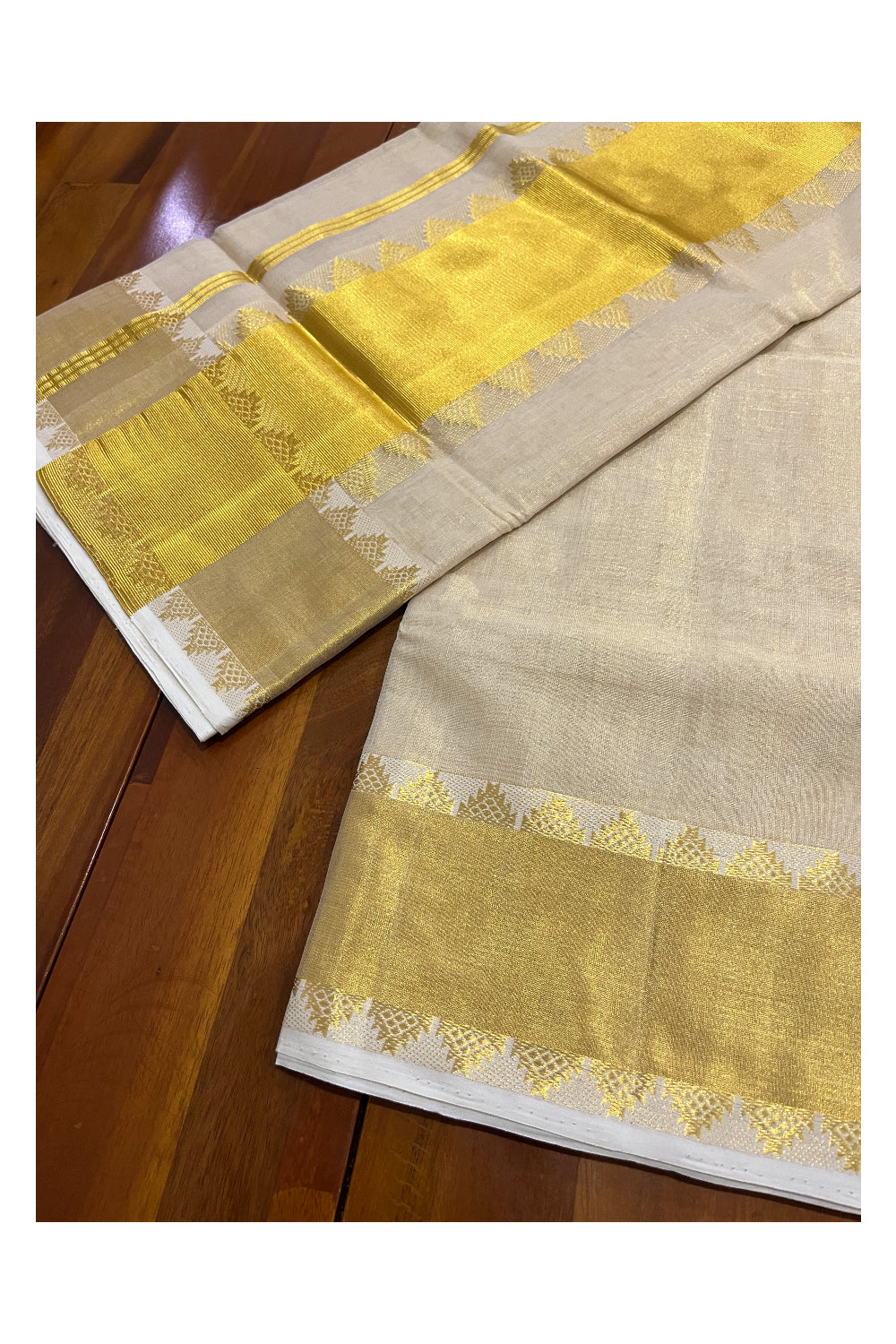 Southloom Premium Handloom Tissue Kasavu Saree with Temple Woven Works on Border