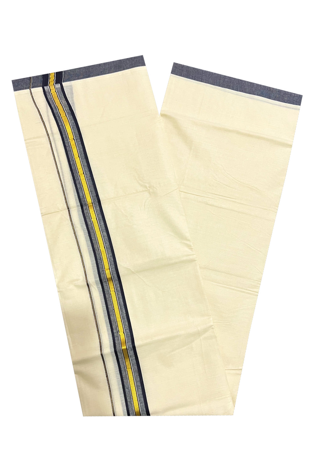 Off White Kerala Double Mundu with Kasavu and Navy Blue Border (South Indian Dhoti)