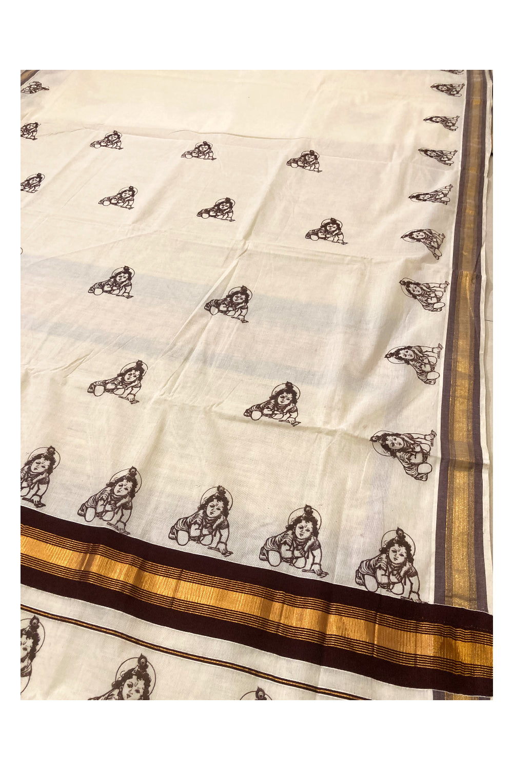 Pure Cotton Kerala Saree with Brown Krishna Block Printed Design and Kasavu Border