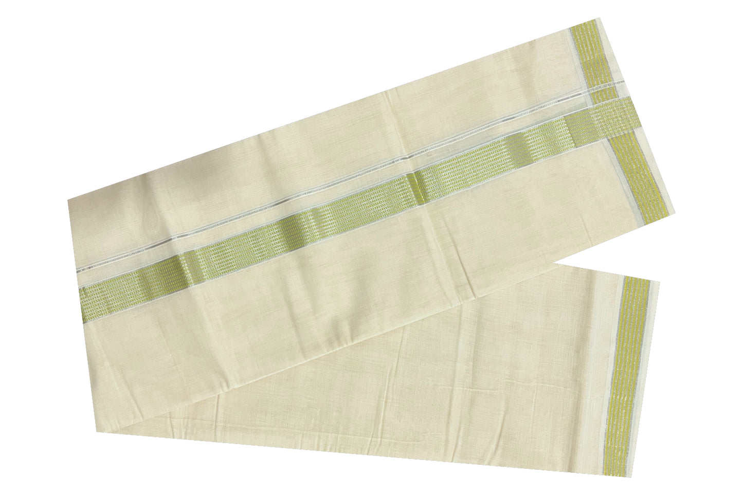 Southloom Kuthampully Handloom Pure Cotton Mundu with Silver Kasavu and Light Green Border (South Indian Dhoti)