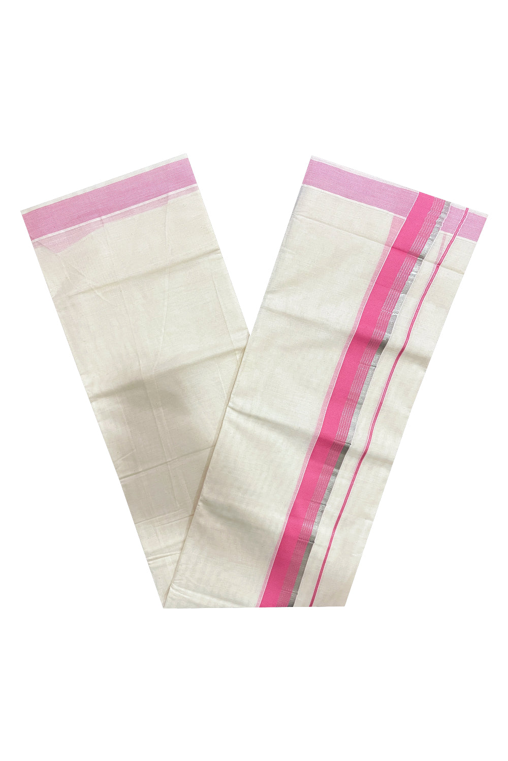 Off White Kerala Double Mundu with Silver Kasavu and Pink Kara (South Indian Kerala Dhoti)