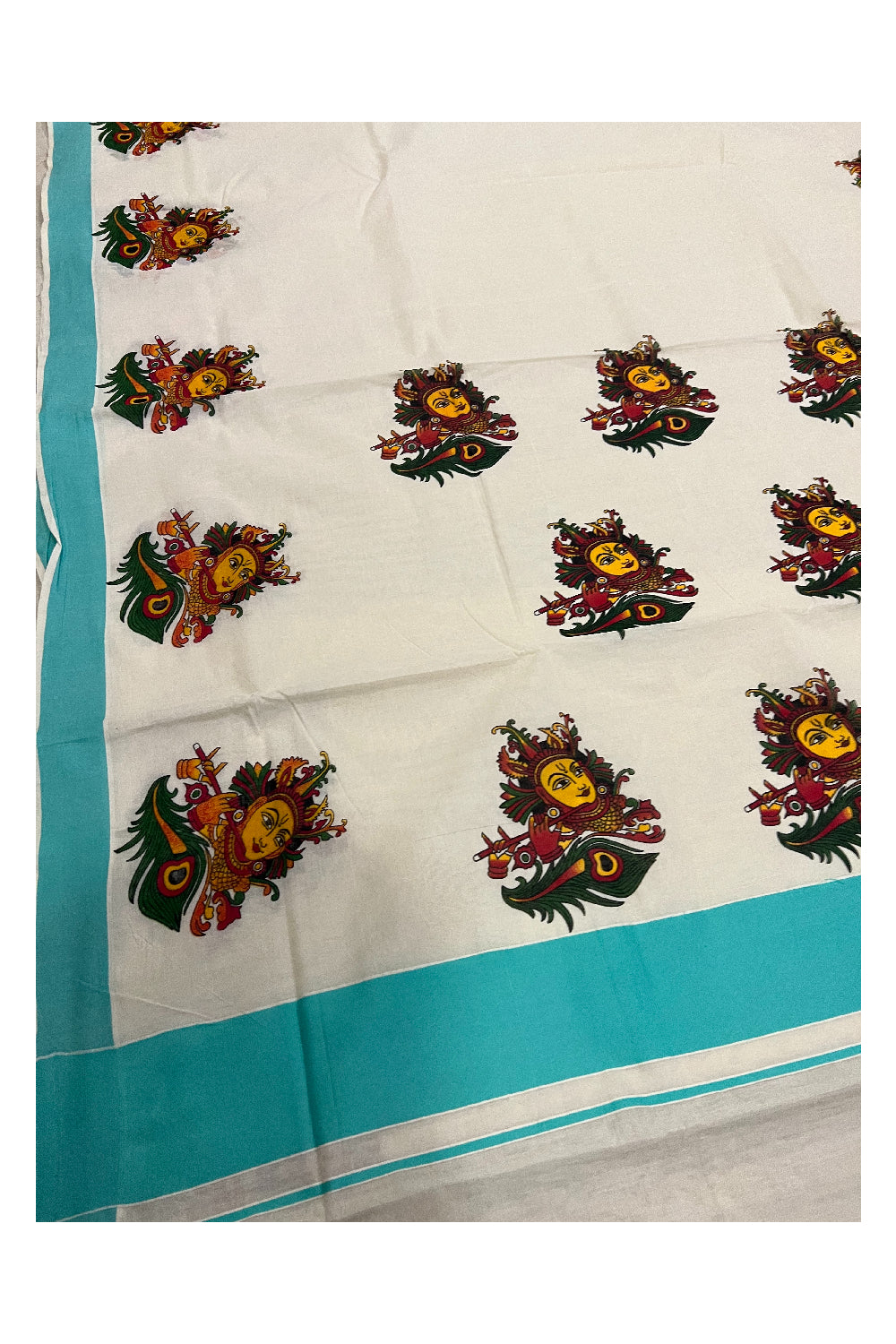 Kerala Pure Cotton Saree with Mural Printed Krishna Face Design and Turquoise Border