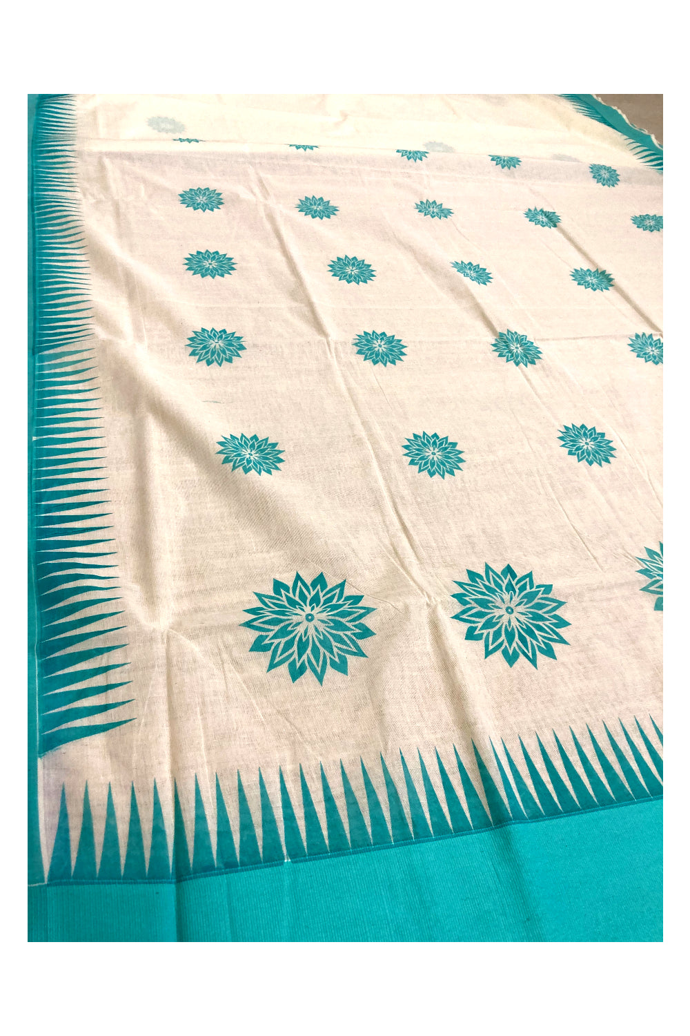 Pure Cotton Kerala Saree with Turquoise Block Printed Design