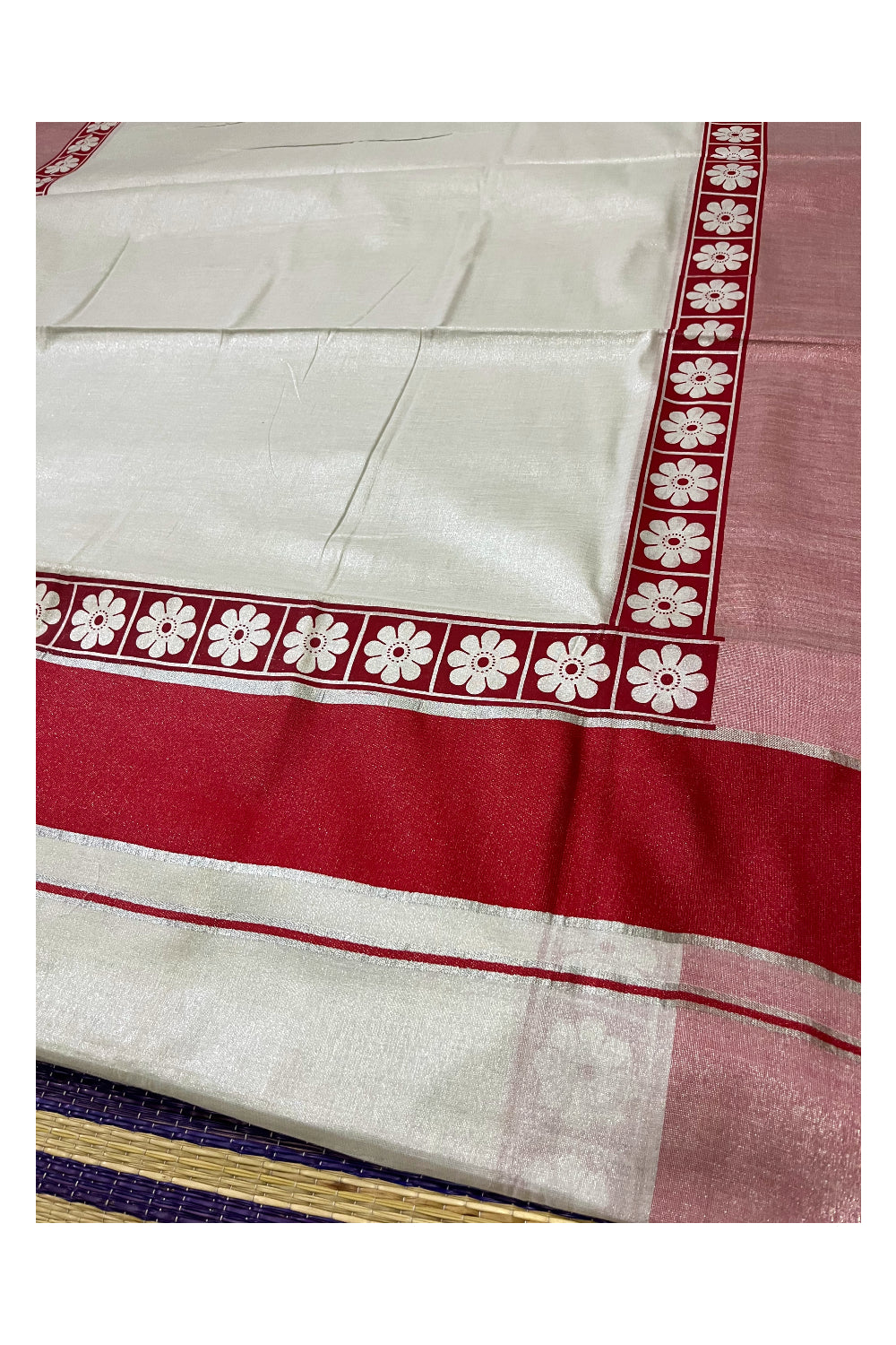 Kerala Silver Tissue Kasavu Red Floral Block Printed Saree