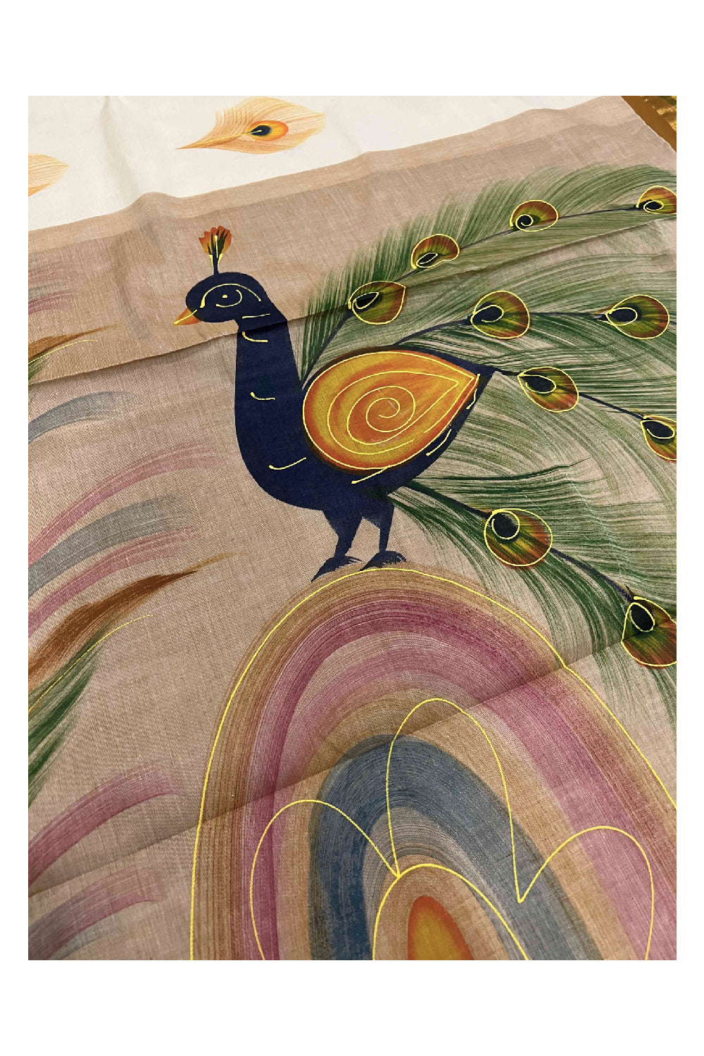 Southloom Brown Handpainted Mural Kerala Kasavu Saree with Peacock Art