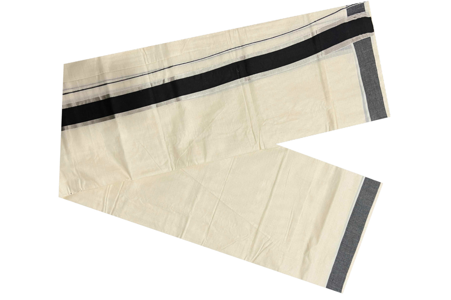 Off White Kerala Double Mundu with Silver Kasavu and Black Border (South Indian Dhoti)