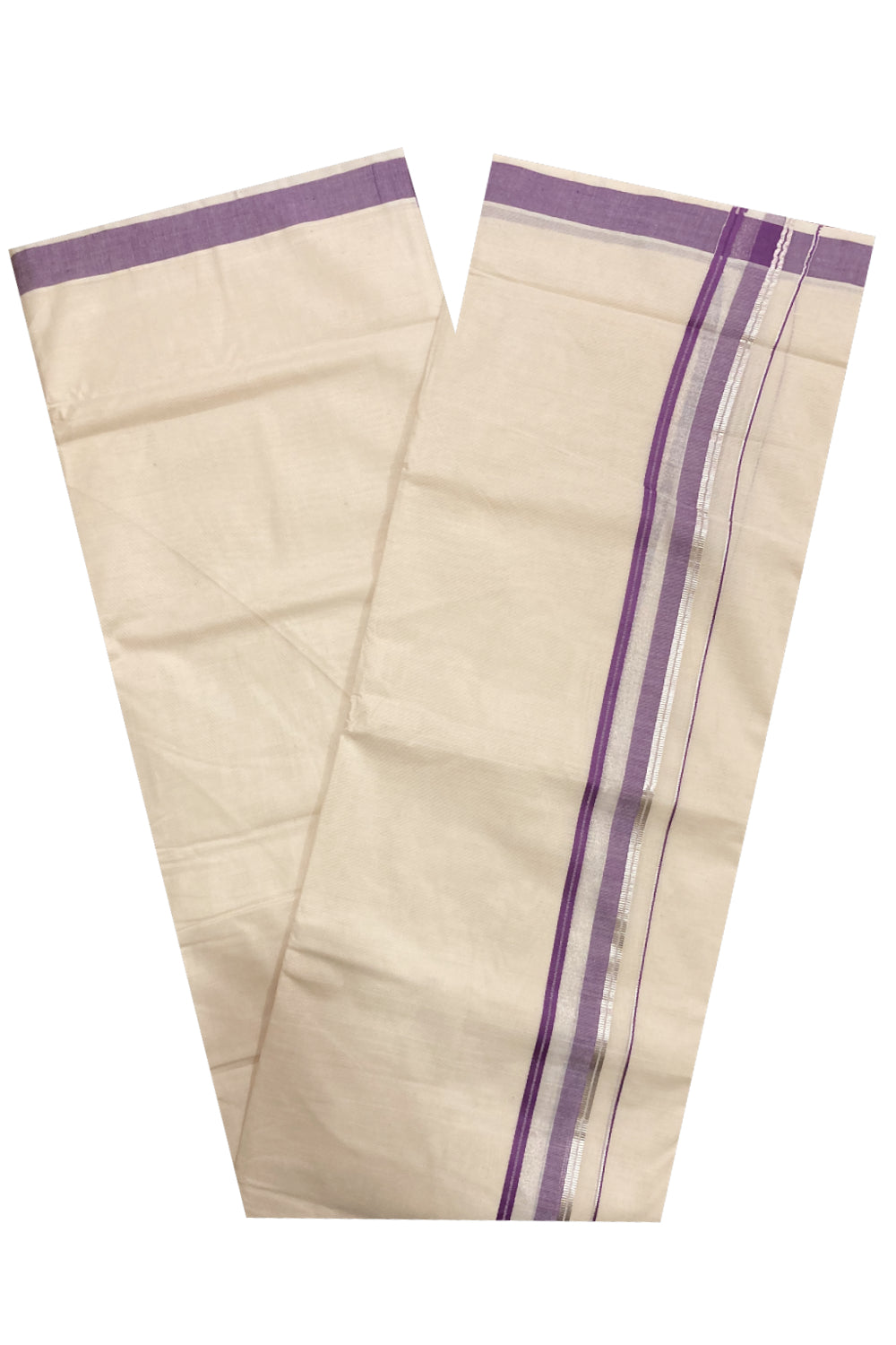 Pure Cotton Double Mundu with Violet and Silver Kasavu Border (South Indian Kerala Dhoti)