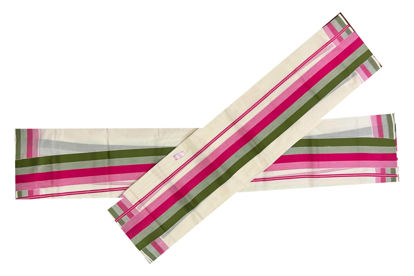 Kerala Cotton Mundum Neriyathum Single (Set Mundu) with Green and Pink Lines Border 2.80 Mtrs