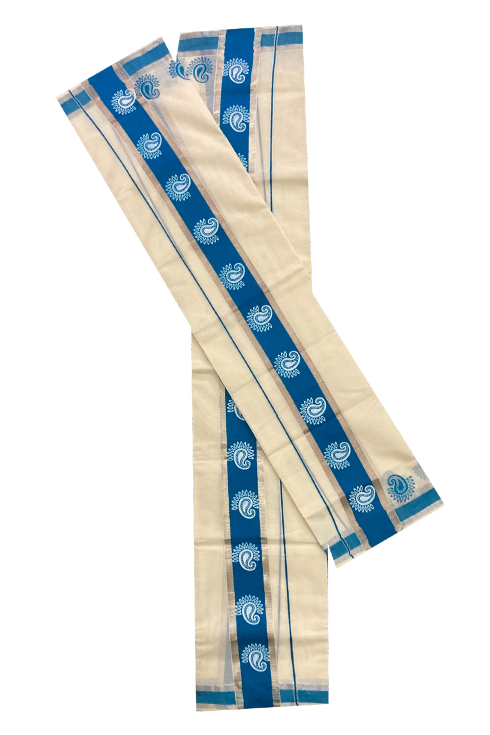 Single Set Mundu with Silver Kasavu and Blue Kara with Block Prints (2.80 m, Mundum Neriyathum)