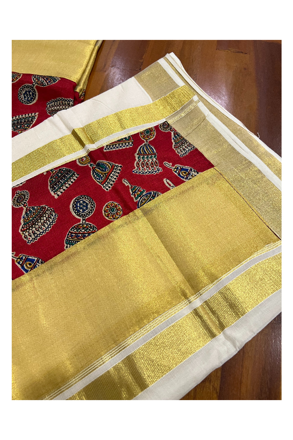 Kerala Pure Cotton Fusion Art Red Jimikki Kammal Printed Kasavu Saree with Printed Blouse Piece