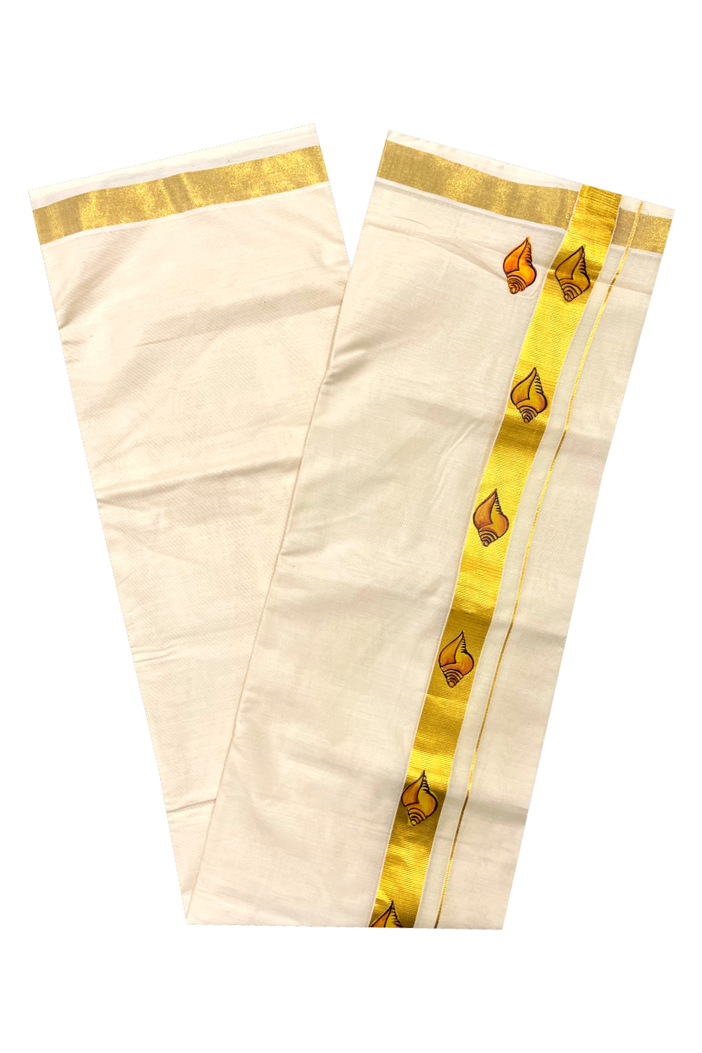 Pure Cotton Kasavu Mundu with Mural Hand Painted Shell Design (South Indian Kerala Dhoti)