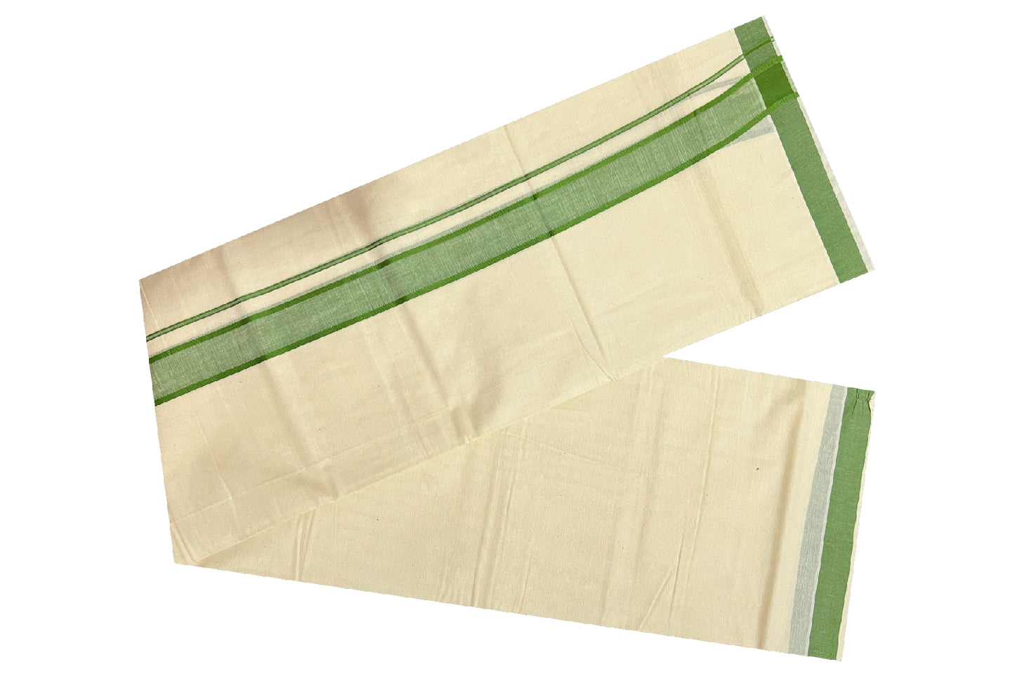 Off White Pure Cotton Double Mundu with Green Border (South Indian Kerala Dhoti)