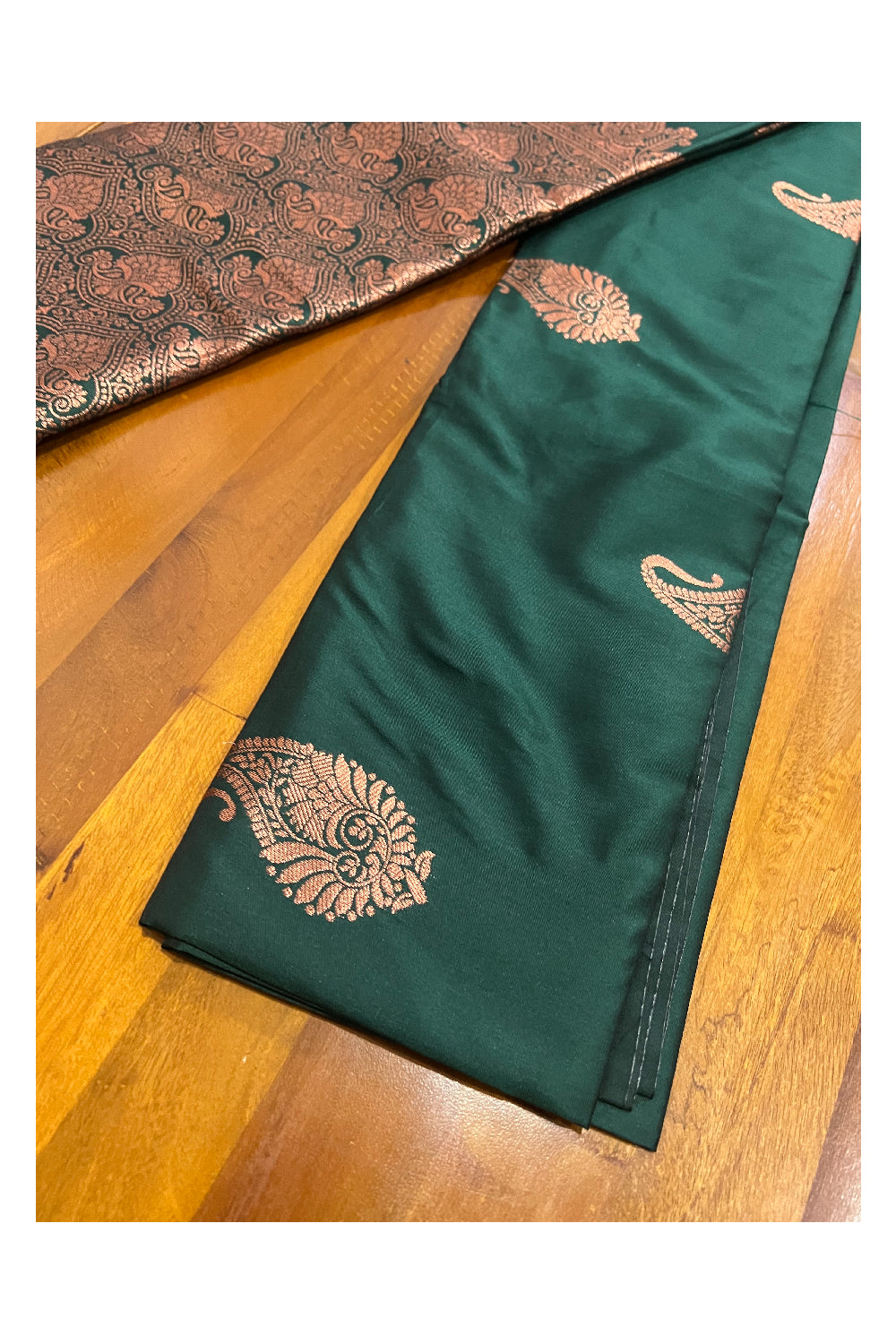 Southloom Dark Green Semi Silk Designer Saree with Copper Kasavu Woven Works on Body