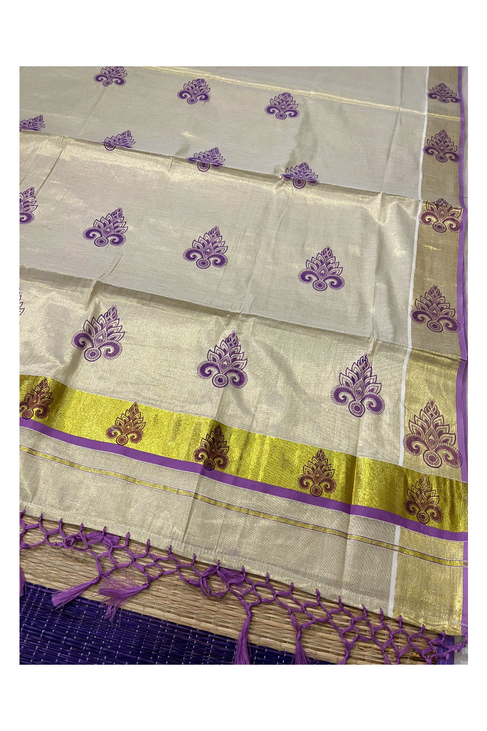 Kerala Tissue Kasavu Saree with Violet Block Printed Design and Tassels Work on Pallu