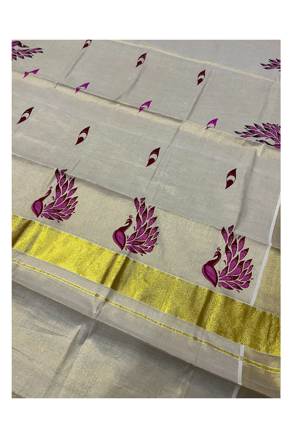 Kerala Tissue Kasavu Saree with Magenta Mural Peacock Art Design