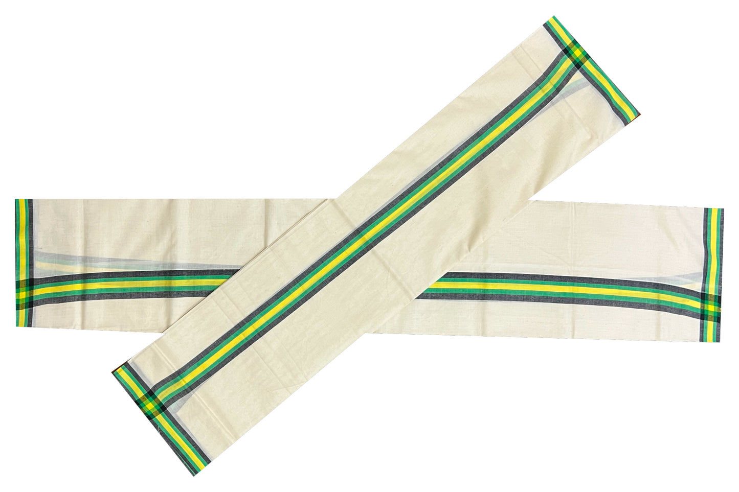 Kerala Cotton Mundum Neriyathum Single (Set Mundu) with Black Green and Yellow Mulloth Border (Extra Soft Cotton)