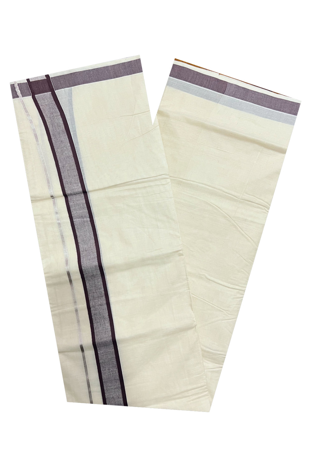 Pure Cotton Off White Double Mundu with Silver Kasavu and Dark Brown Border (South Indian Dhoti)