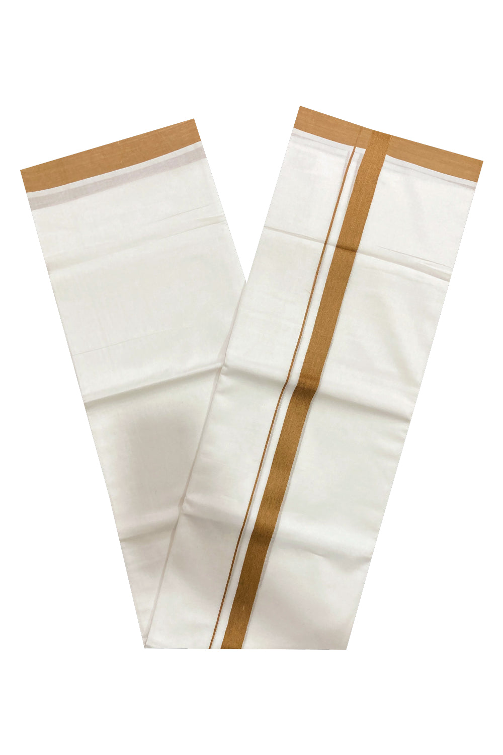 Pure White Kerala Cotton Double Mundu with Light Brown Border (South Indian Dhoti)