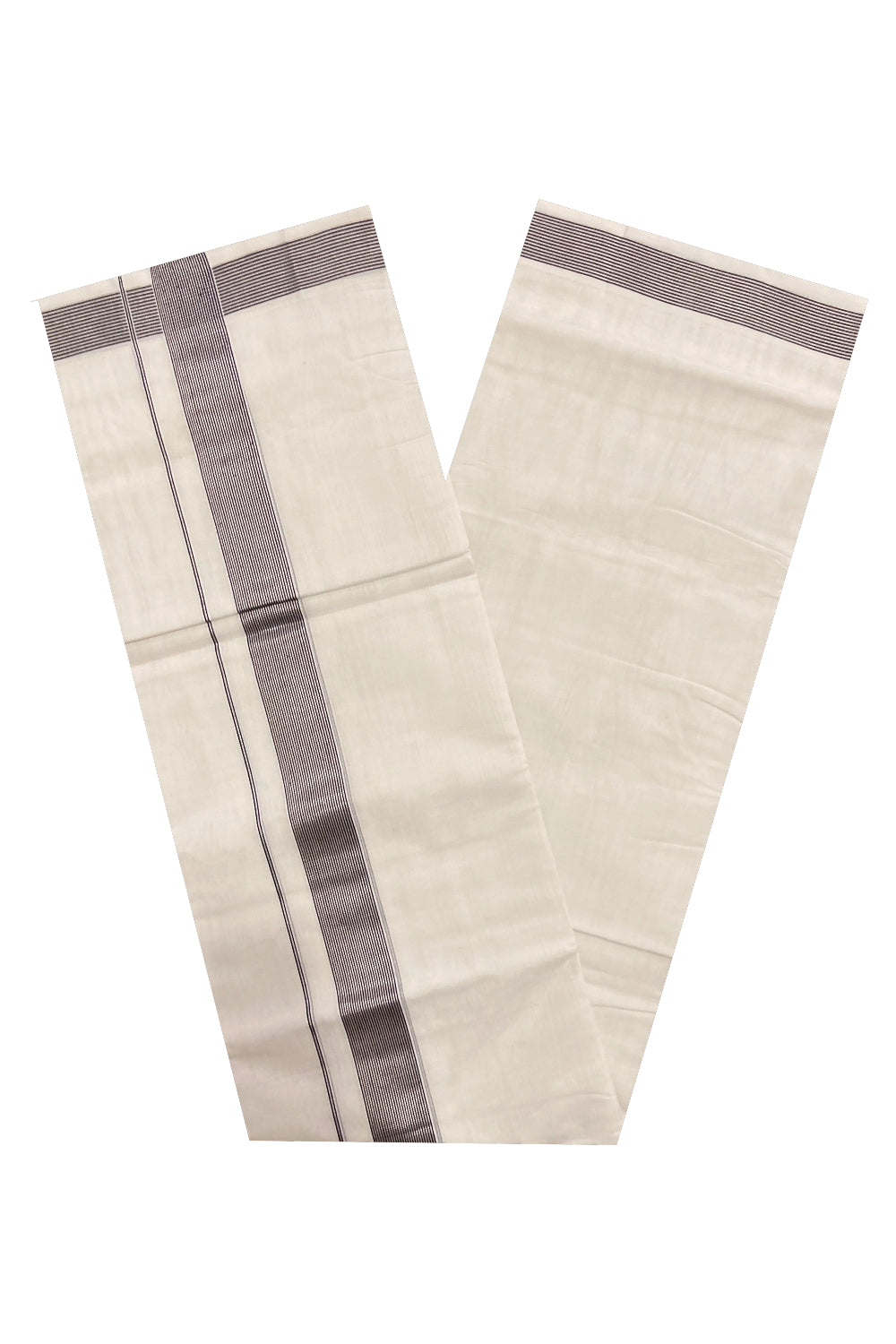 Southloom Premium Handloom Cotton Pure White Mundu with Silver Kasavu and Navy Blue Line Border (South Indian Dhoti)