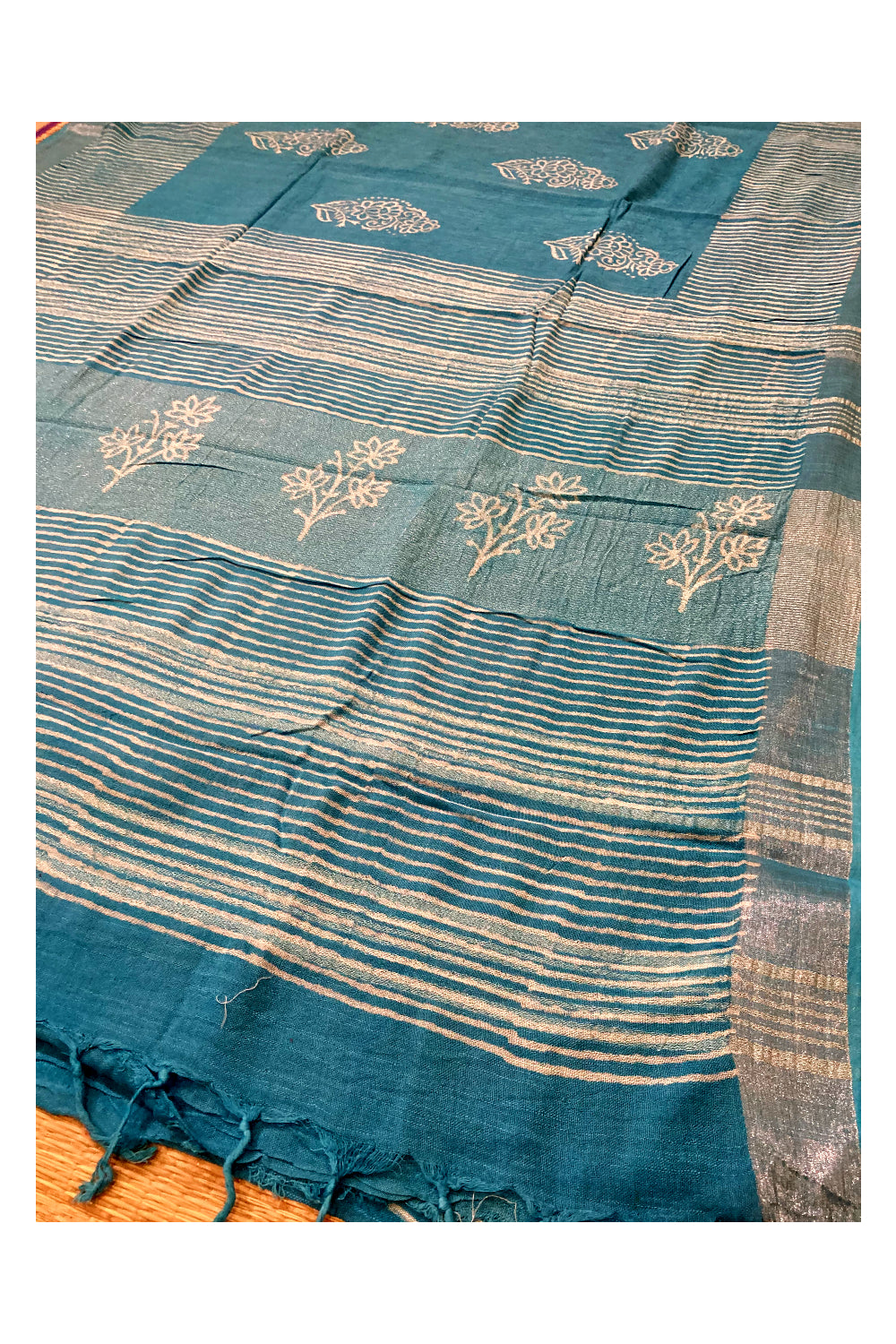 Southloom Linen Light Blue Saree with White Designer Prints and Tassels works on Pallu